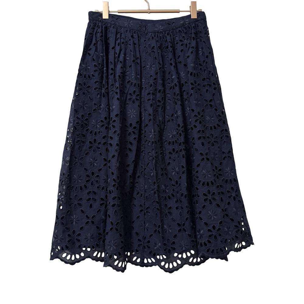 J Crew Eyelet Embroidered Midi Skirt Size 2 Navy Scallop Hem Cottagecore Preppy